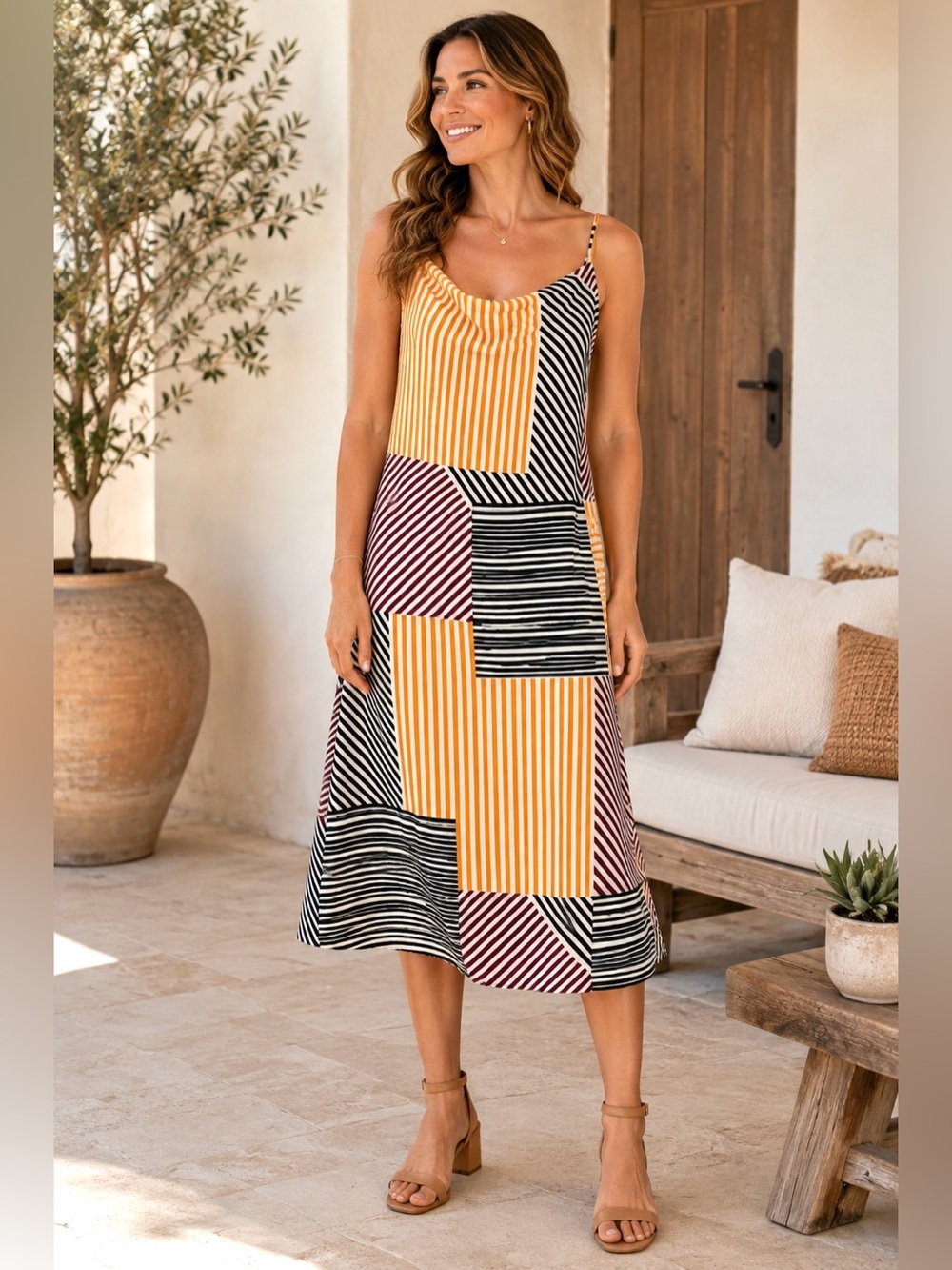 Sara Michelle Abstract Geometric Striped Cowl Neck Midi Dress M